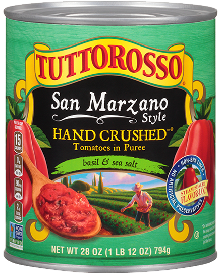 Image of Tuttorosso Tomatoes Hand Crushed Tomatoes in Puree with Basil and Sea Salt Front of Label